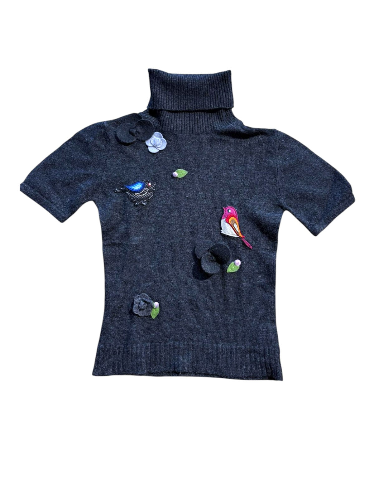 Dolce & Gabbana Girl Charcoal Bird Flower Appliqué Knit Short-Sleeve Turtleneck, 4Y / 101-107 - second hand baby clothing