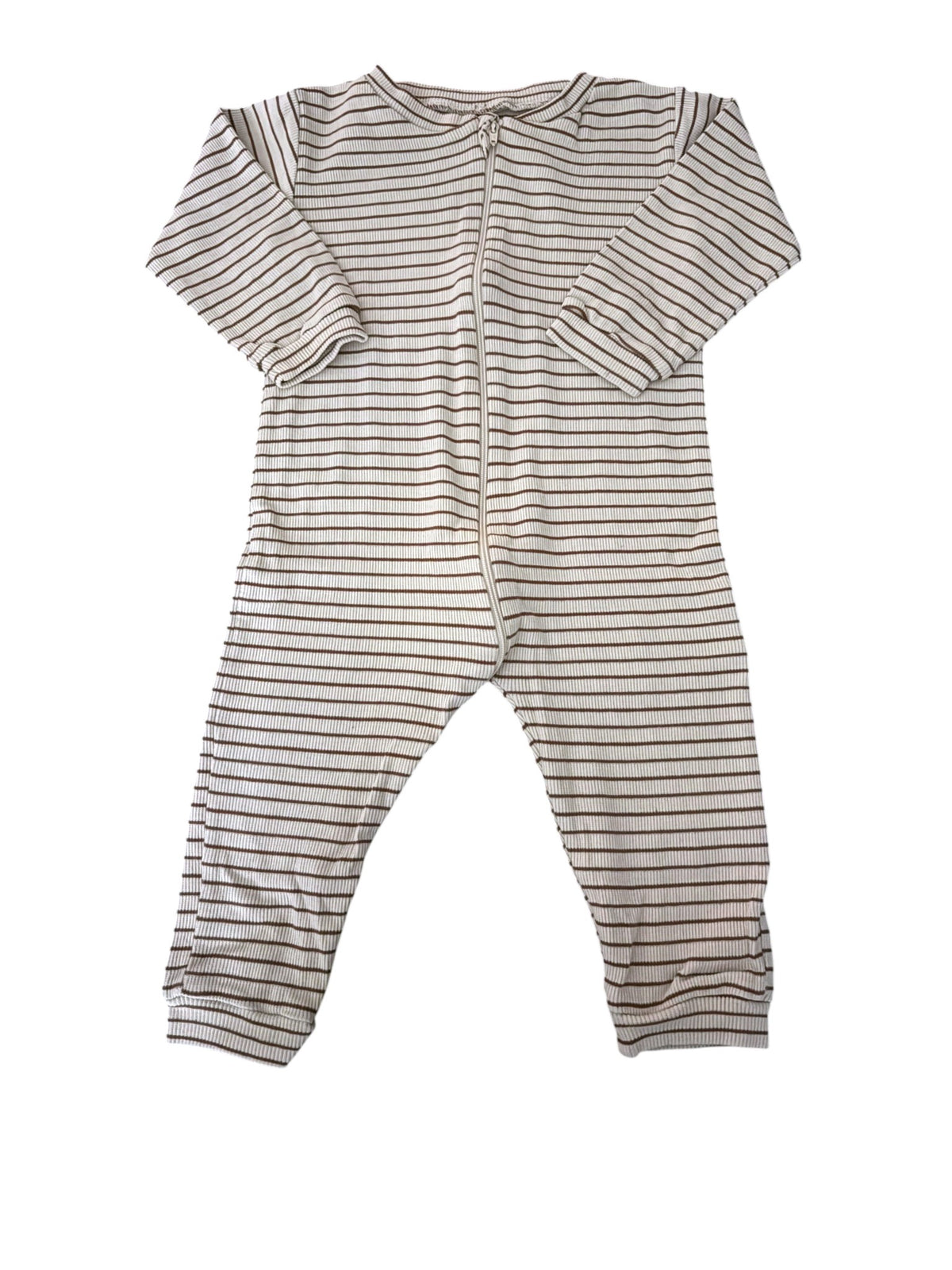 Fixoni Unisex Cream Brown Striped Ribbed Zip Pajamas, 12M / 80 - second hand baby clothing