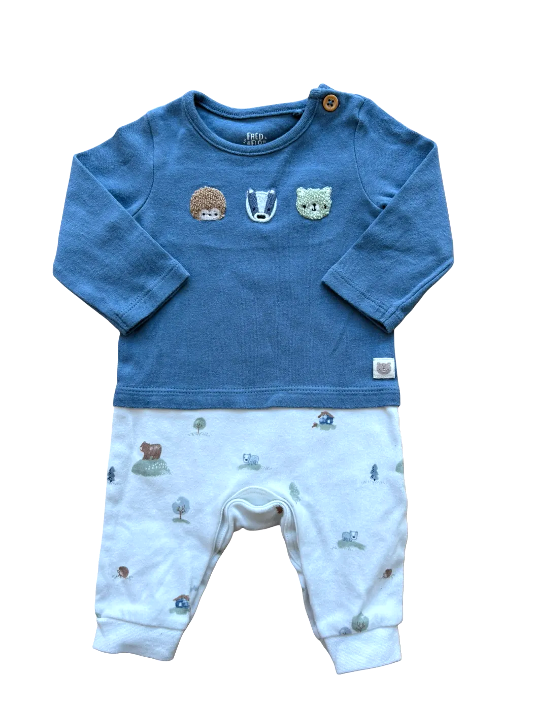 Fred & Flo Blue Woodland Animals Romper (1M)