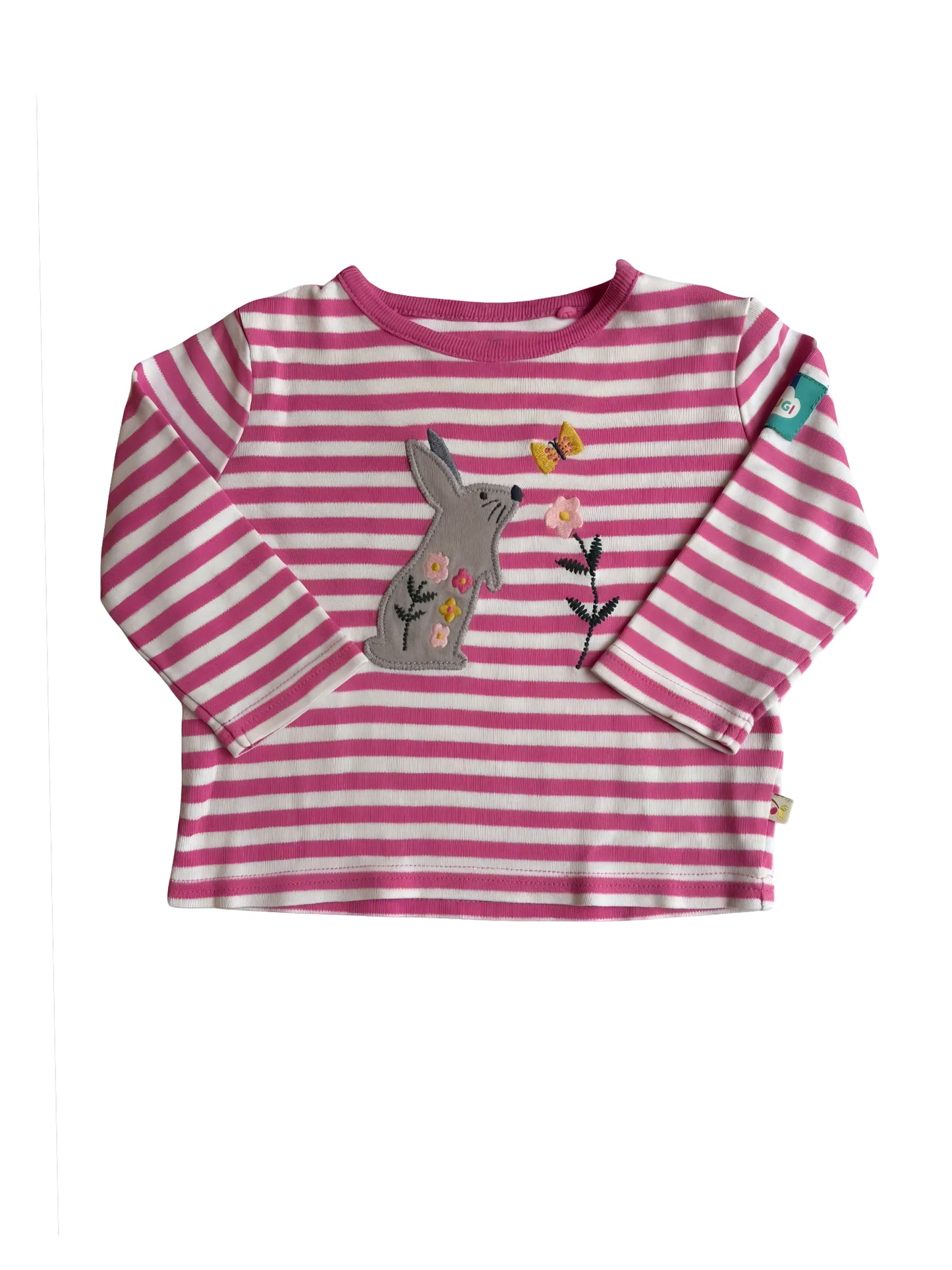 Frugi Pink Striped Bunny Applique Top (3-6M)