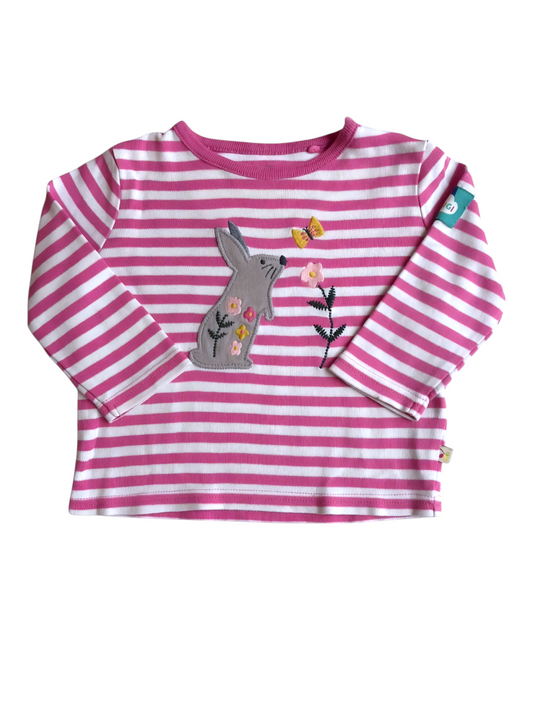 Frugi Girls Pink Striped Bunny Organic Cotton Top, 3-6M - second hand baby clothing
