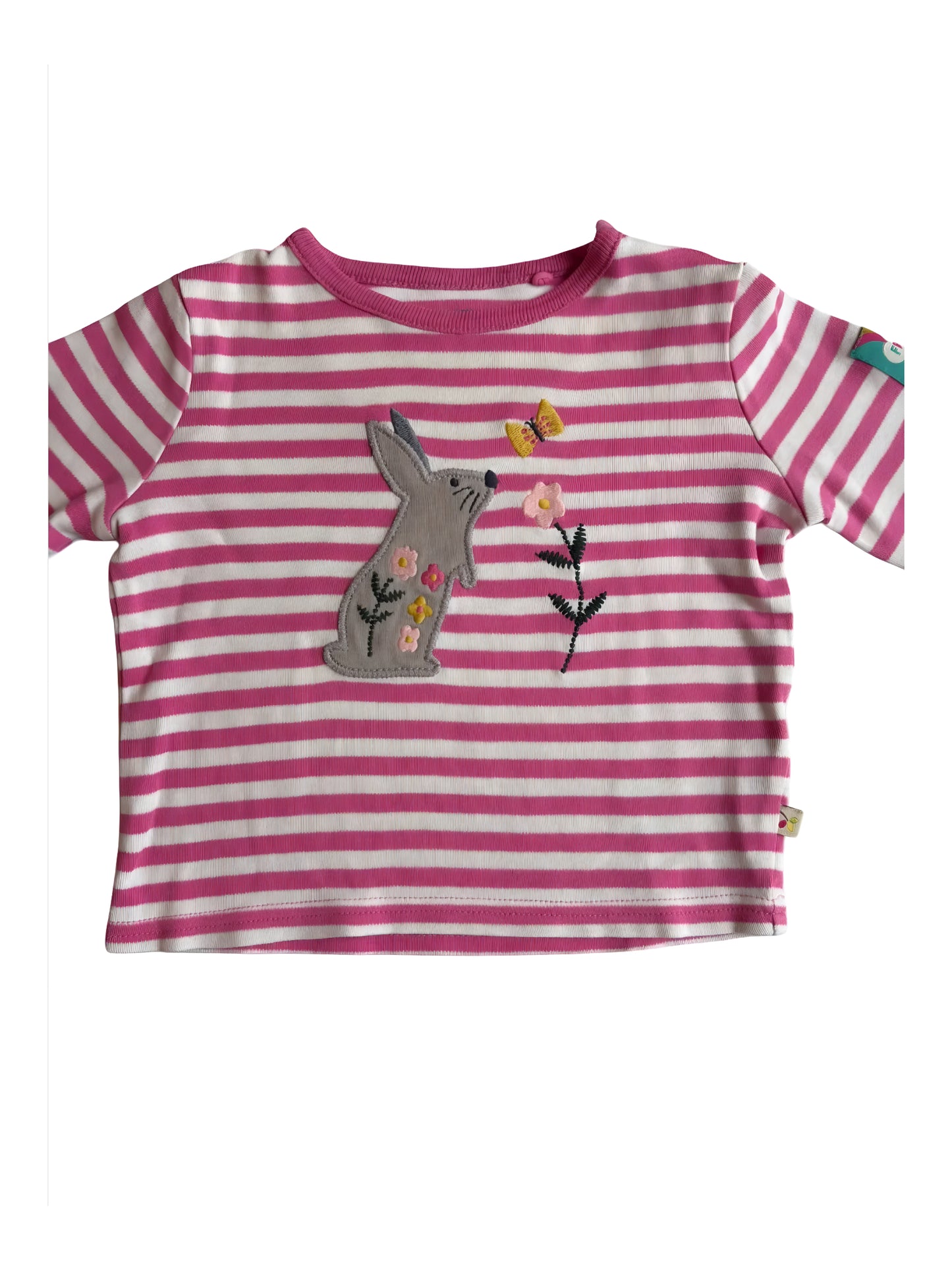 Frugi Pink Striped Bunny Applique Top (3-6M)