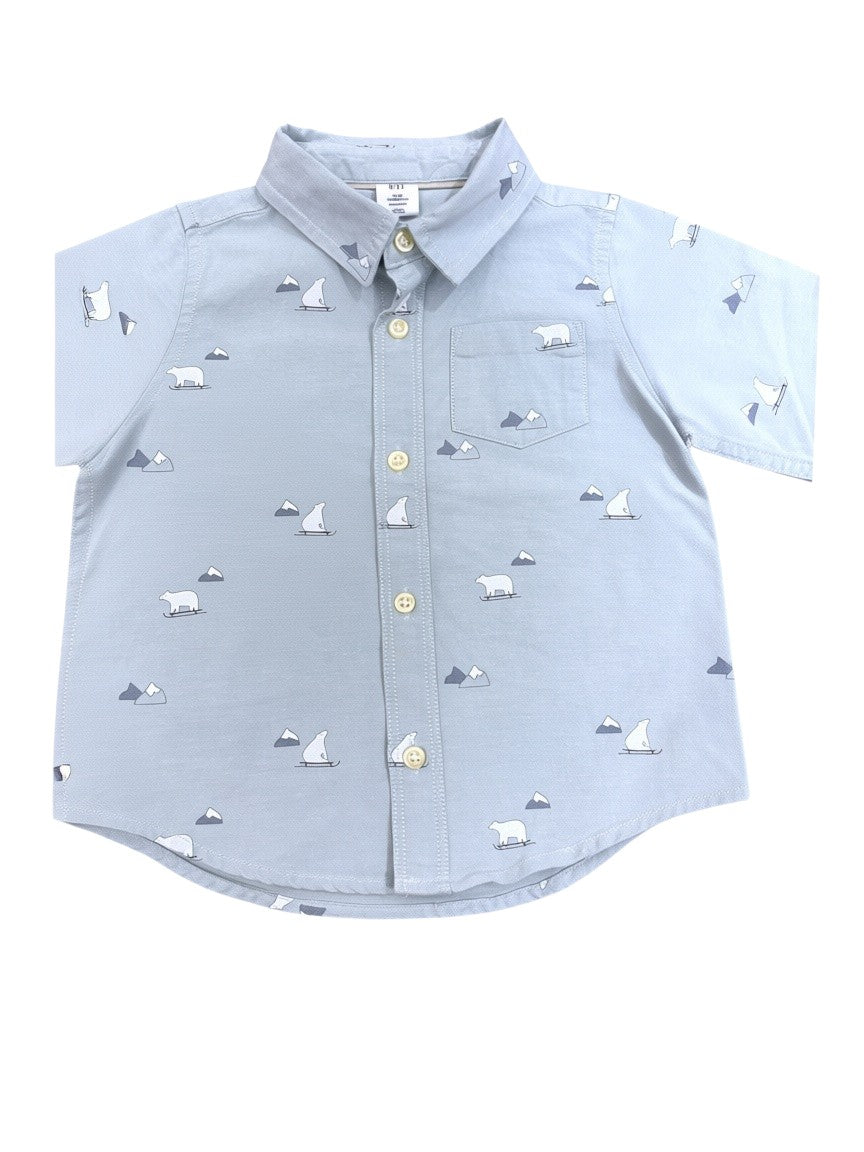 Gap Boy Sage Green Polar Bear Cotton Oxford Shirt, 18-24M - second hand baby clothing