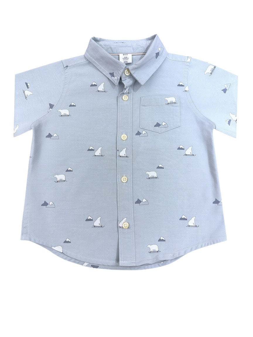 Gap Boy Sage Green Polar Bear Cotton Oxford Shirt, 18-24M - second hand baby clothing