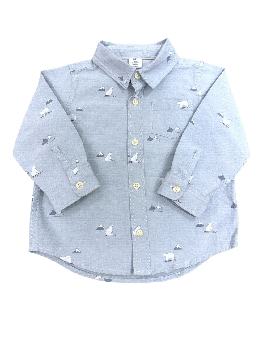 Gap Boy Sage Green Polar Bear Cotton Oxford Shirt, 18-24M - second hand baby clothing