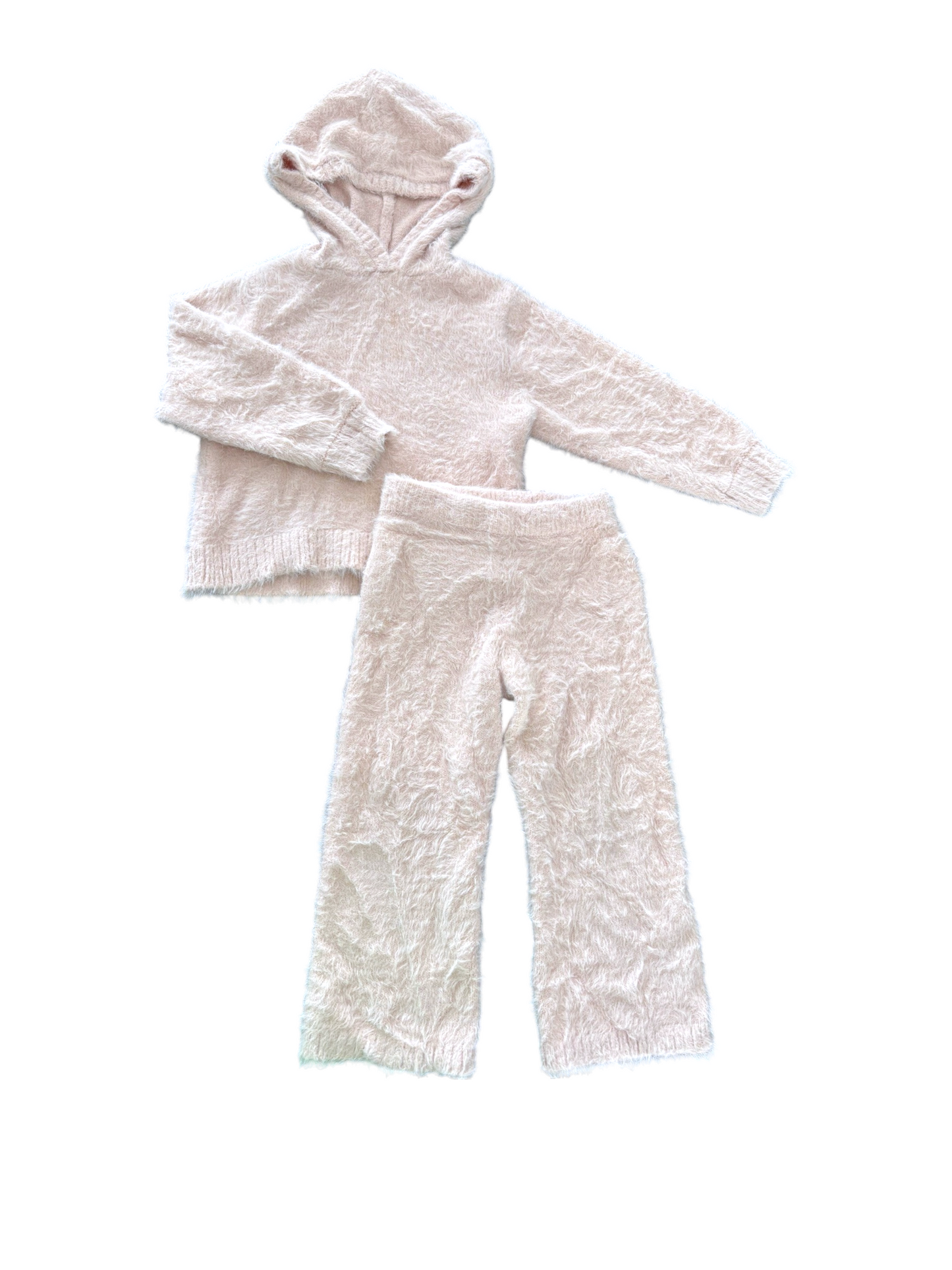 H&M Girl Light Pink Fluffy Knit Hooded Sweater & Pants Set, 2-4Y / 98-104