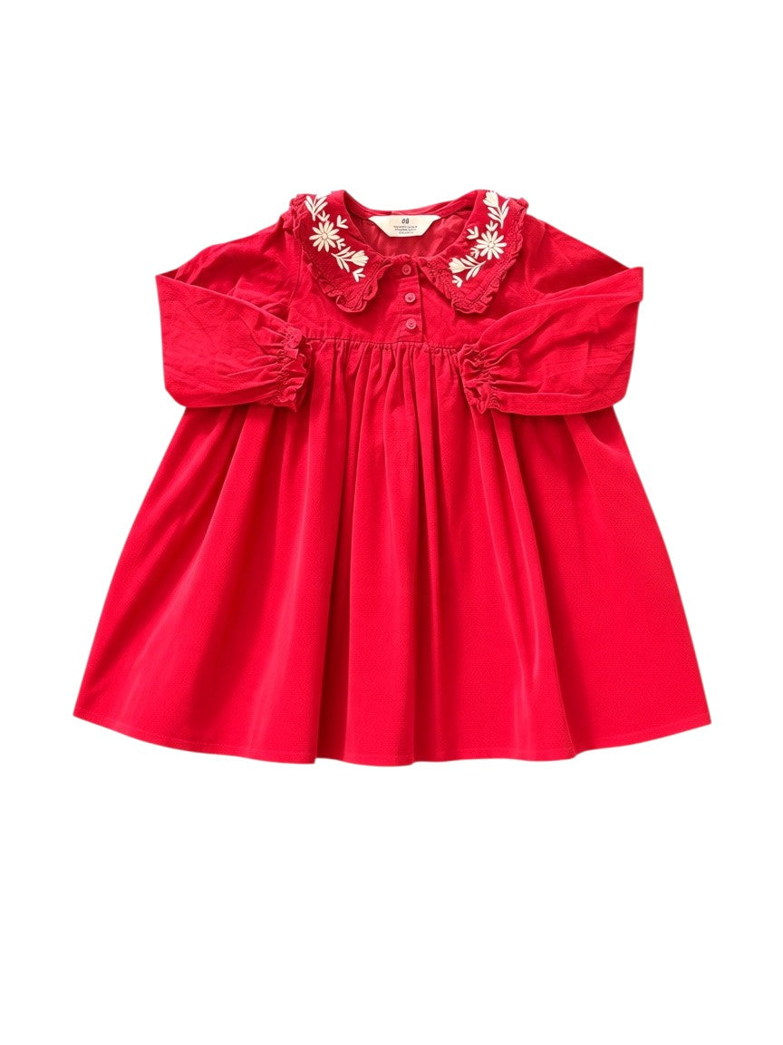 H&M Girl Red Floral Embroidered Collar Corduroy Dress, 2-3Y / 98 - second hand baby clothing