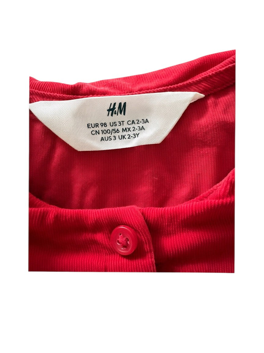 H&M Girl Red Floral Embroidered Collar Corduroy Dress, 2-3Y / 98 - second hand baby clothing