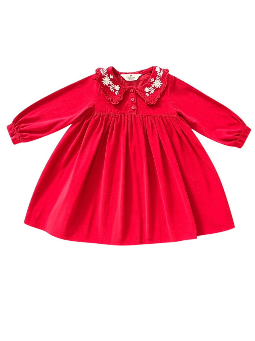 H&M Girl Red Floral Embroidered Collar Corduroy Dress, 2-3Y / 98 - second hand baby clothing
