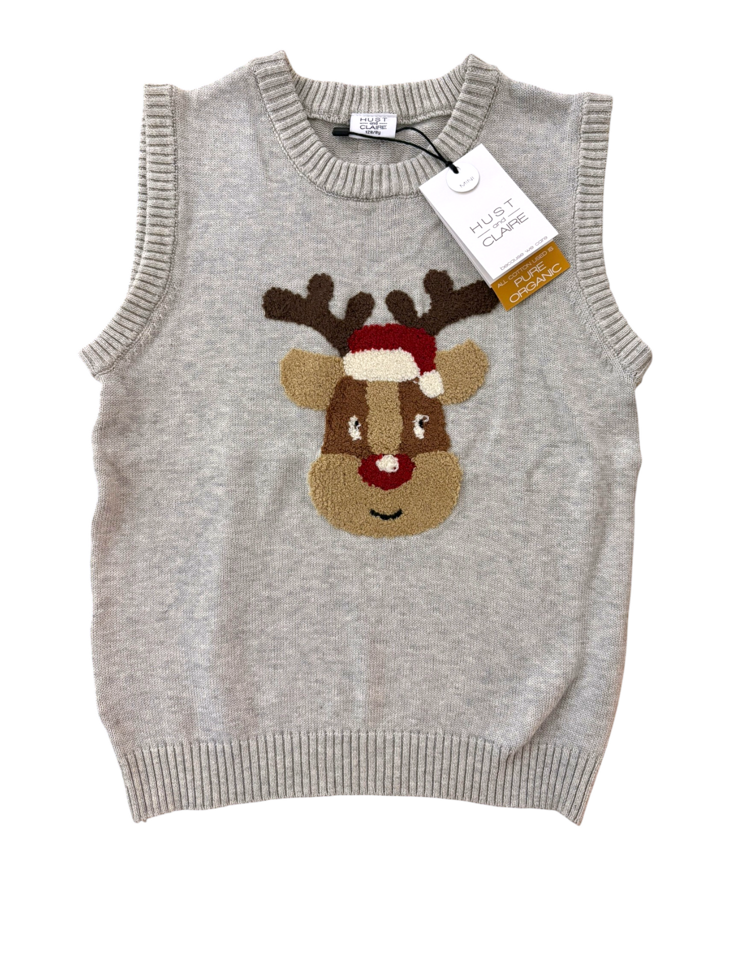 Hust and Claire Unisex Grey Reindeer Organic Cotton Knitted Vest, 5Y, 8Y