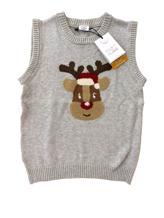 Hust and Claire Unisex Grey Reindeer Organic Cotton Knitted Vest, 5Y, 8Y