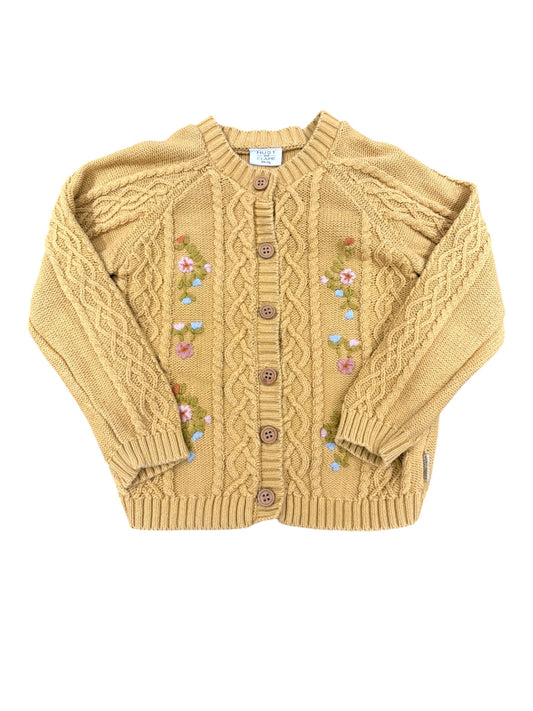 Hust & Claire Girl Mustard Floral Embroidered Cable Knit Cardigan, 3Y / 98 - second hand baby clothing