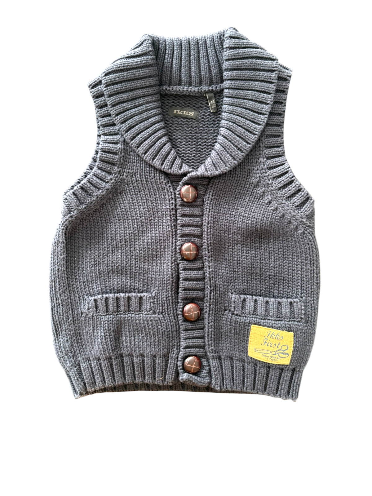 IKKS Unisex Grey Shawl Collar Chunky Knit Vest, 4Y / 102 - second hand baby clothing