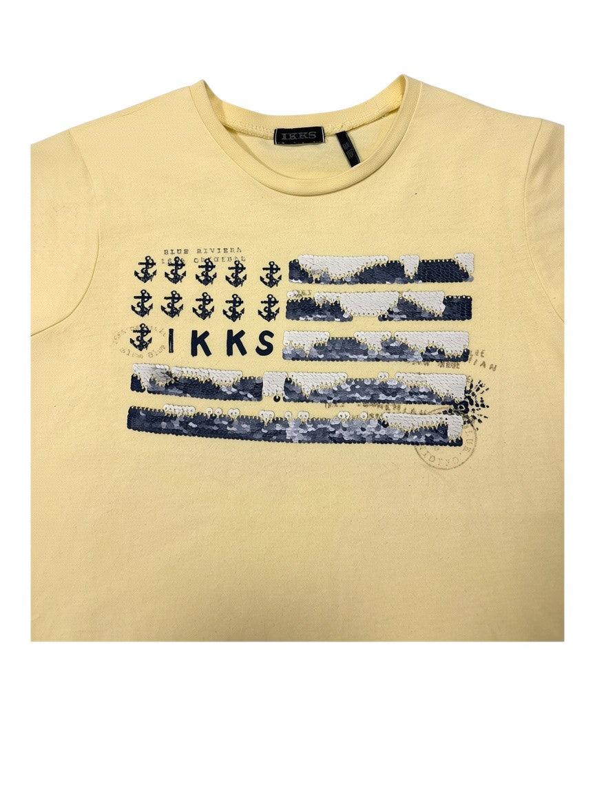 IKKS Girl Yellow Sequin Flag Cotton T-Shirt, 6Y - second hand baby clothing