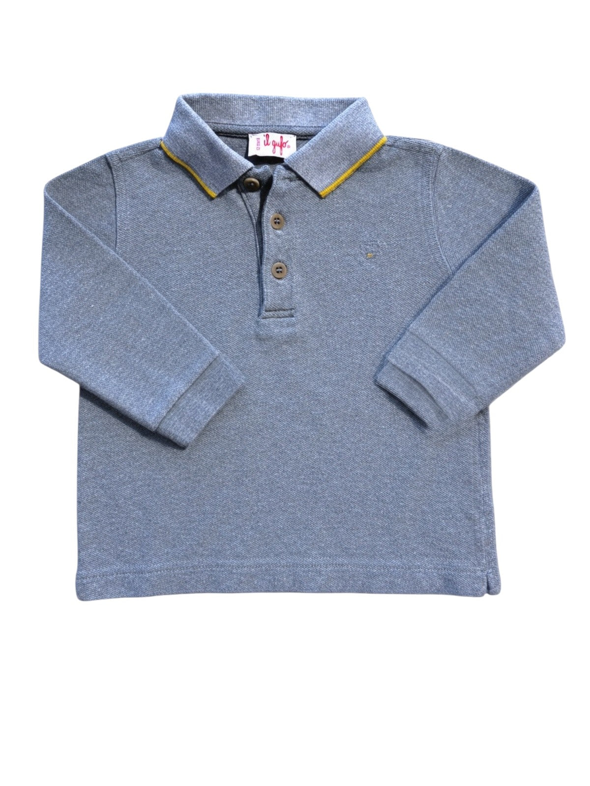 Il Gufo Boy Grey Yellow-Tipped Cotton Piqué Long-Sleeve Polo Shirt, 12M - second hand baby clothing