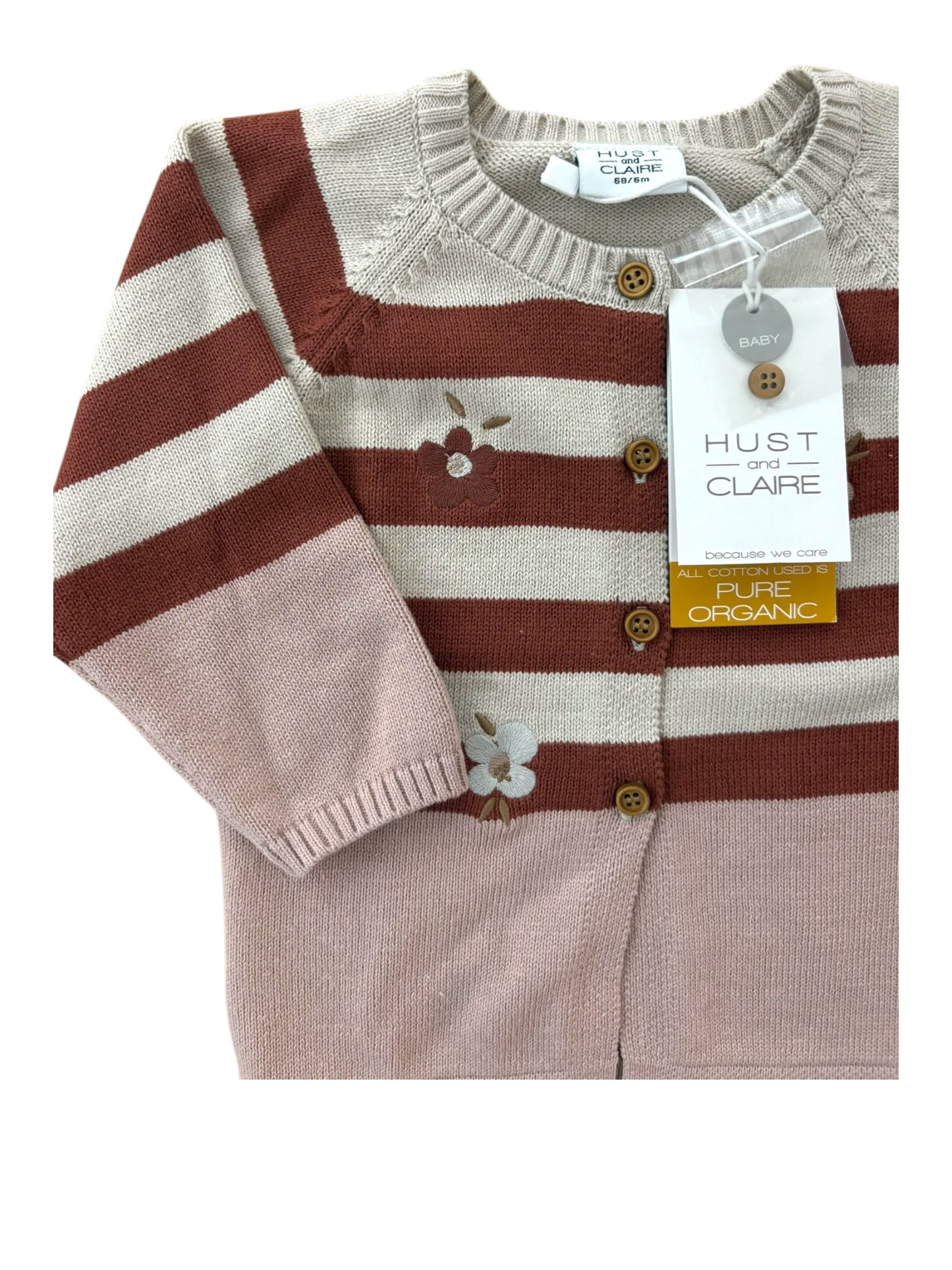 Hust and Claire Girl Rust Striped Floral Organic Cotton Cardigan, 1M, 6M