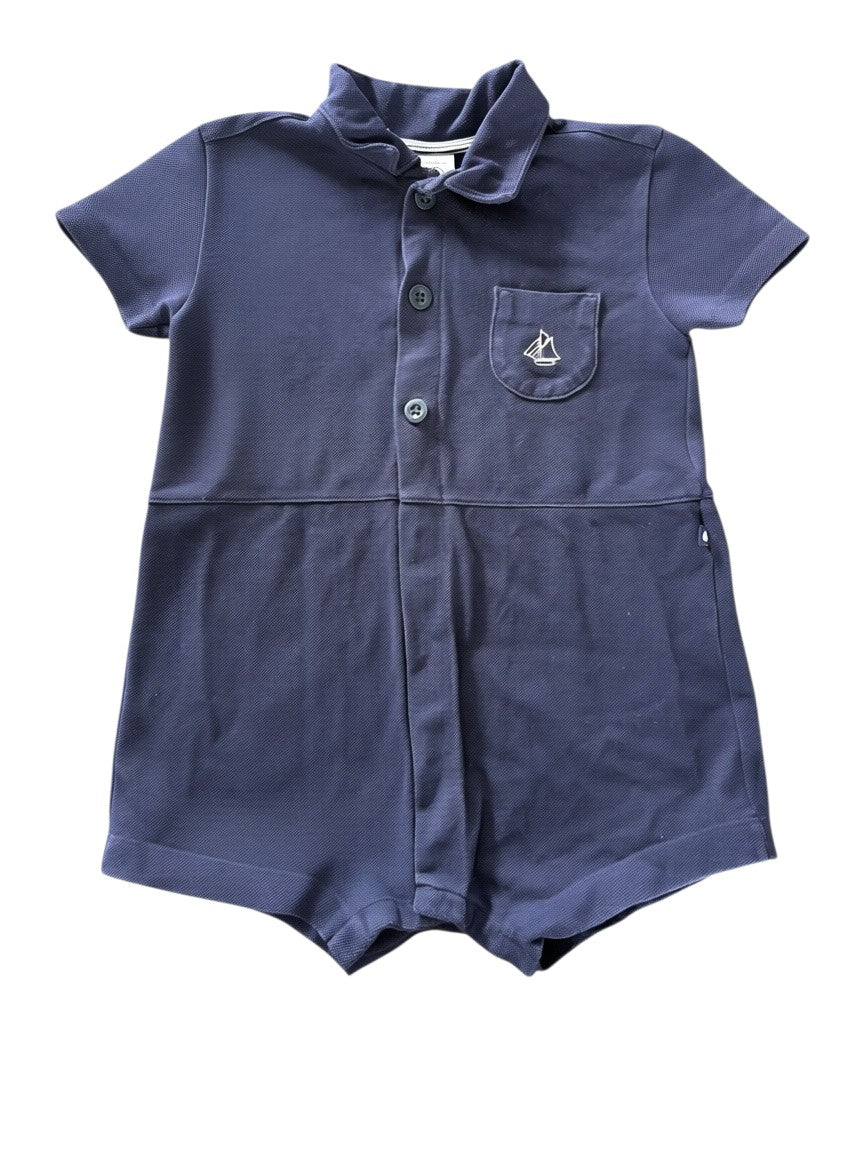 Petit Bateau Boy Navy Sailboat Cotton Piqué Polo Romper, 24M / 86 - second hand baby clothing