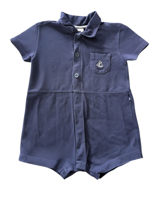 Petit Bateau Boy Navy Sailboat Cotton Piqué Polo Romper, 24M / 86 - second hand baby clothing
