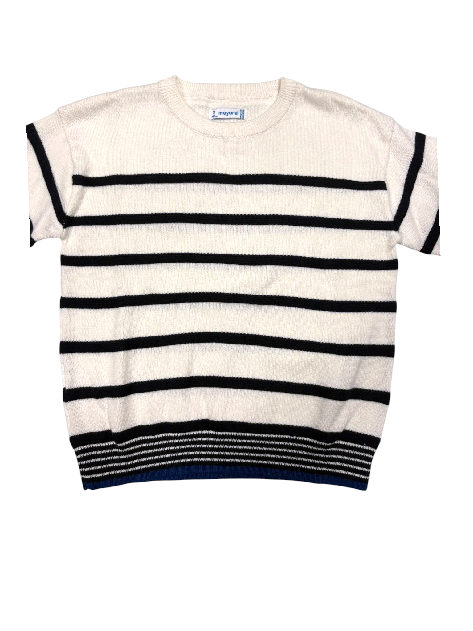 Mayoral Boys Cream & Navy Striped Cotton Sweater, 3Y / 98 - second hand baby clothing