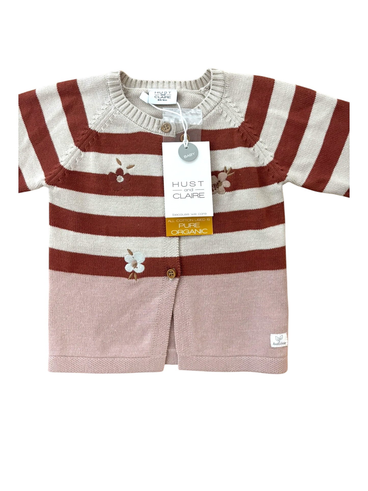 Hust and Claire Girl Rust Striped Floral Organic Cotton Cardigan, 1M, 6M