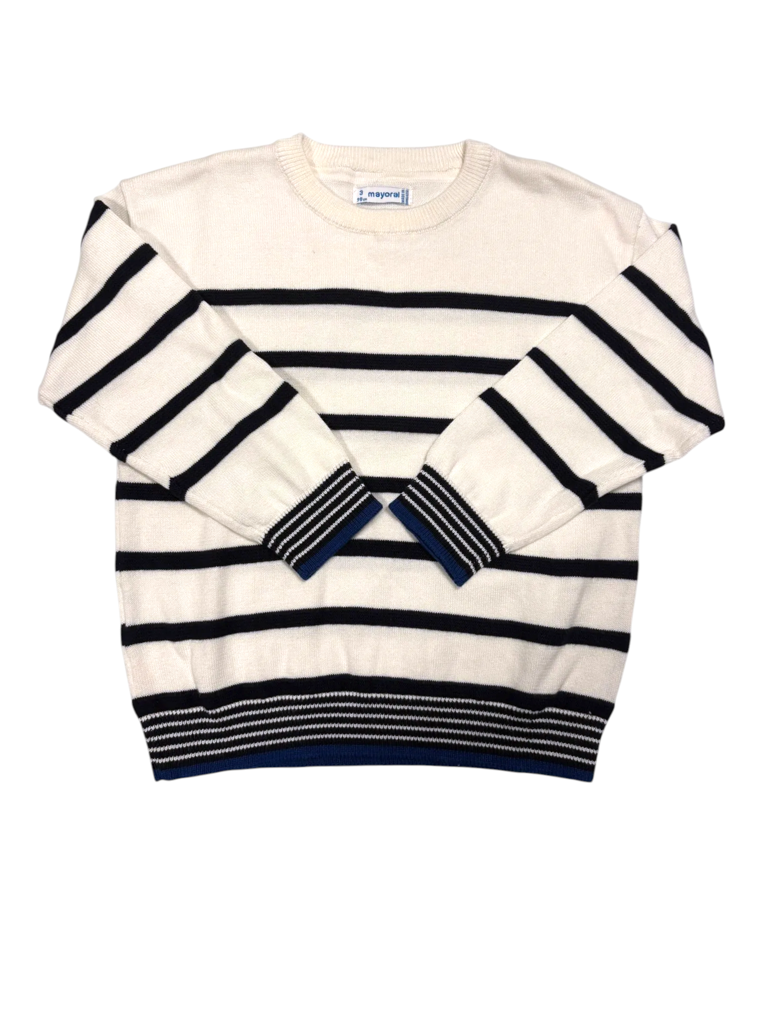 Mayoral Boys Cream & Navy Striped Cotton Sweater, 3Y / 98 - second hand baby clothing