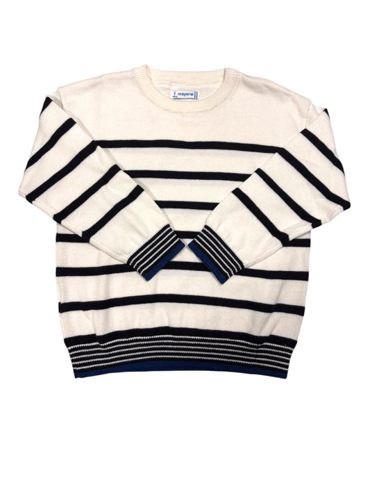 Mayoral Boys Cream & Navy Striped Cotton Sweater, 3Y / 98 - second hand baby clothing