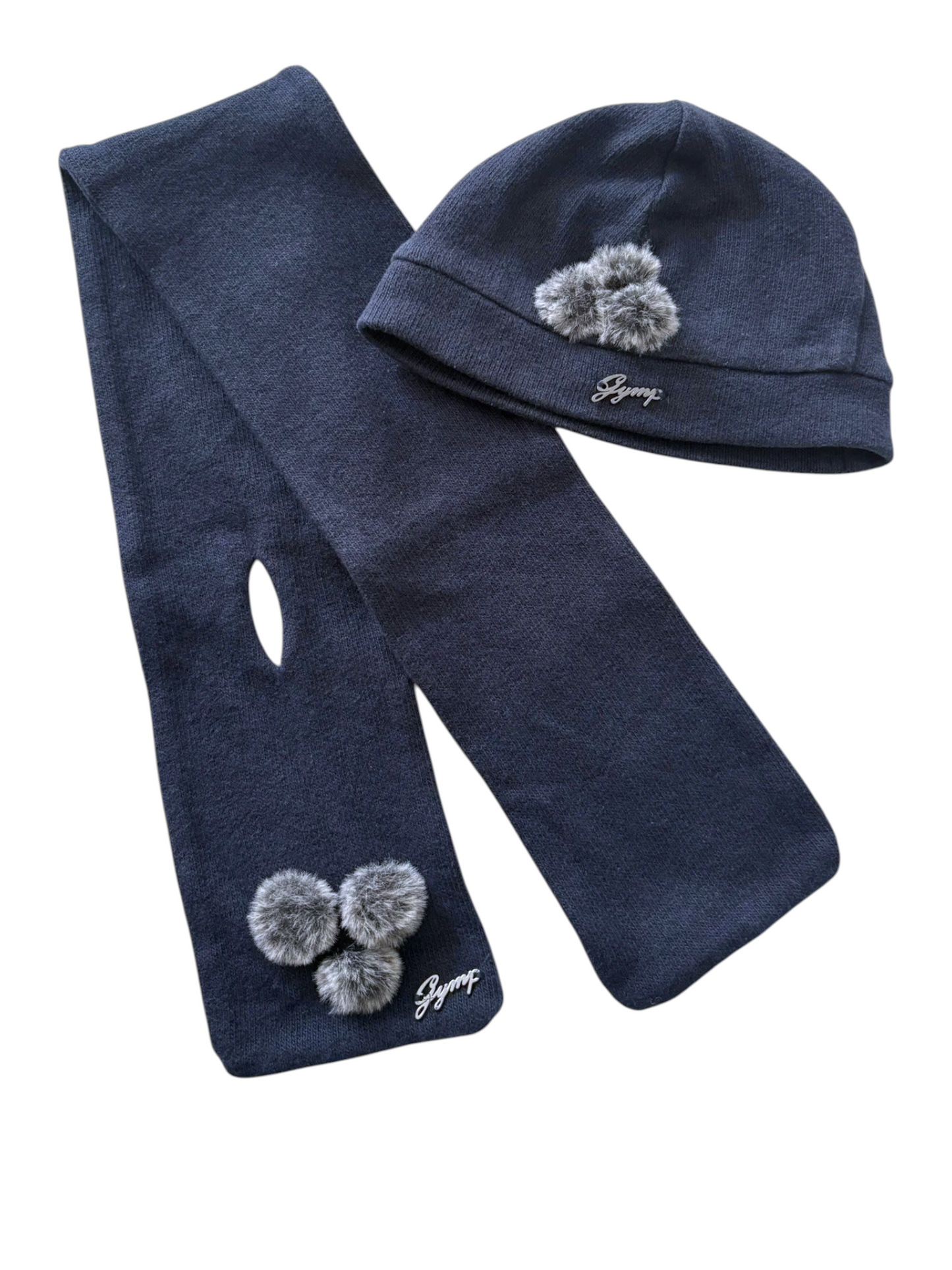 Gymp Girl Navy Pom Pom Knit Bonnet & Scarf Set, 46cm - second hand baby clothing