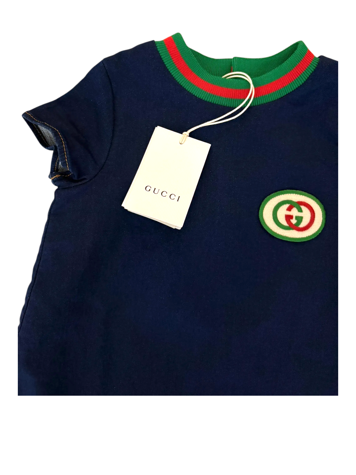 Gucci Girl Navy Web Collar Denim Dress, 3Y