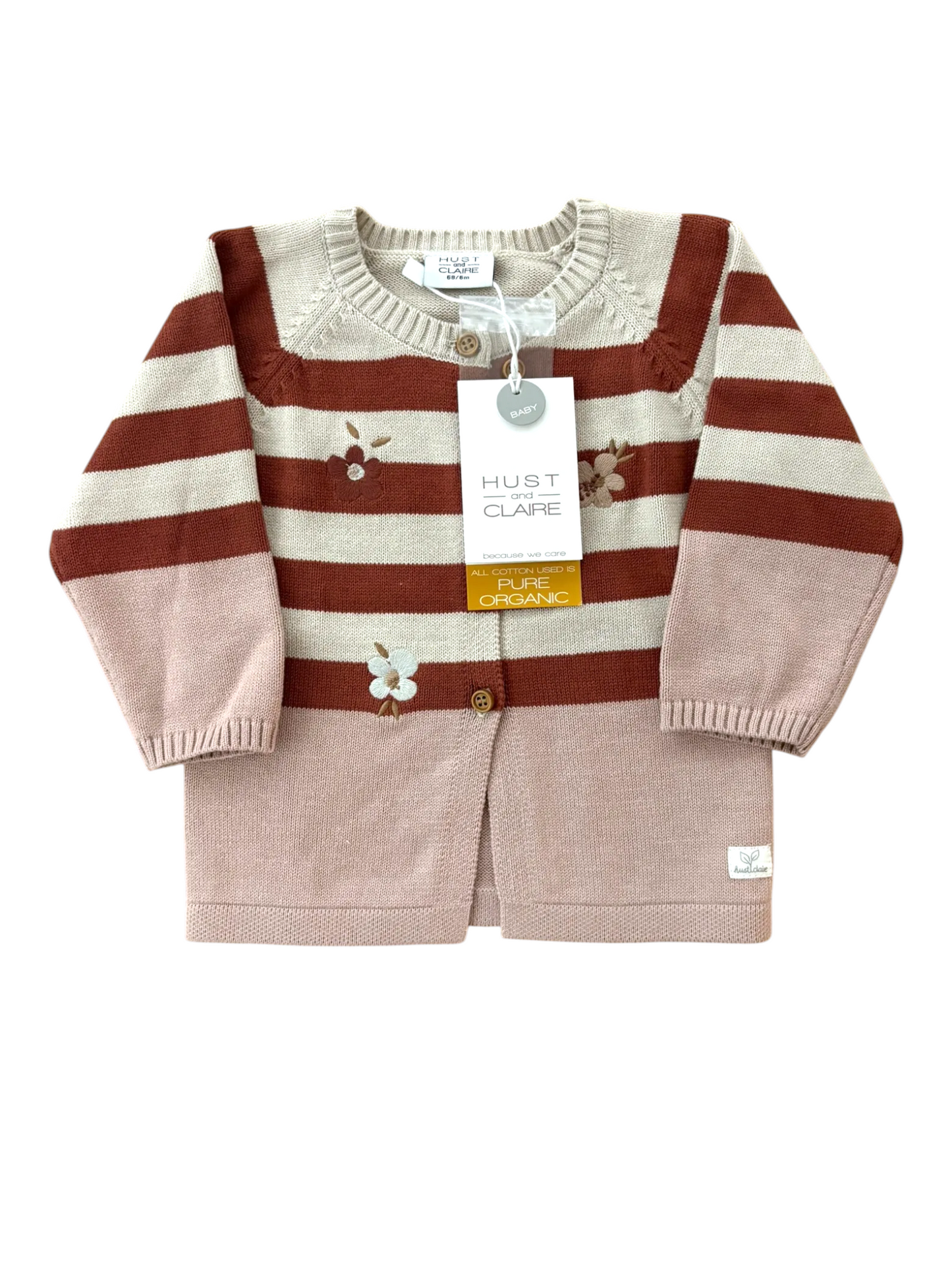 Hust and Claire Girl Rust Striped Floral Organic Cotton Cardigan, 1M, 6M
