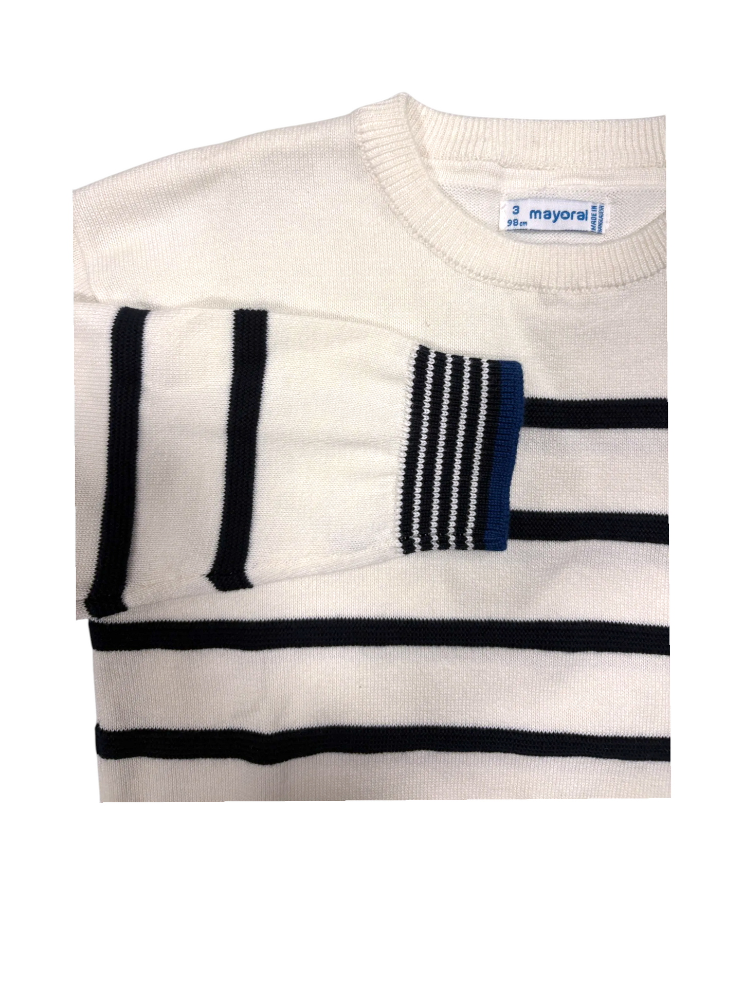 Mayoral Boys Cream & Navy Striped Cotton Sweater, 3Y / 98 - second hand baby clothing