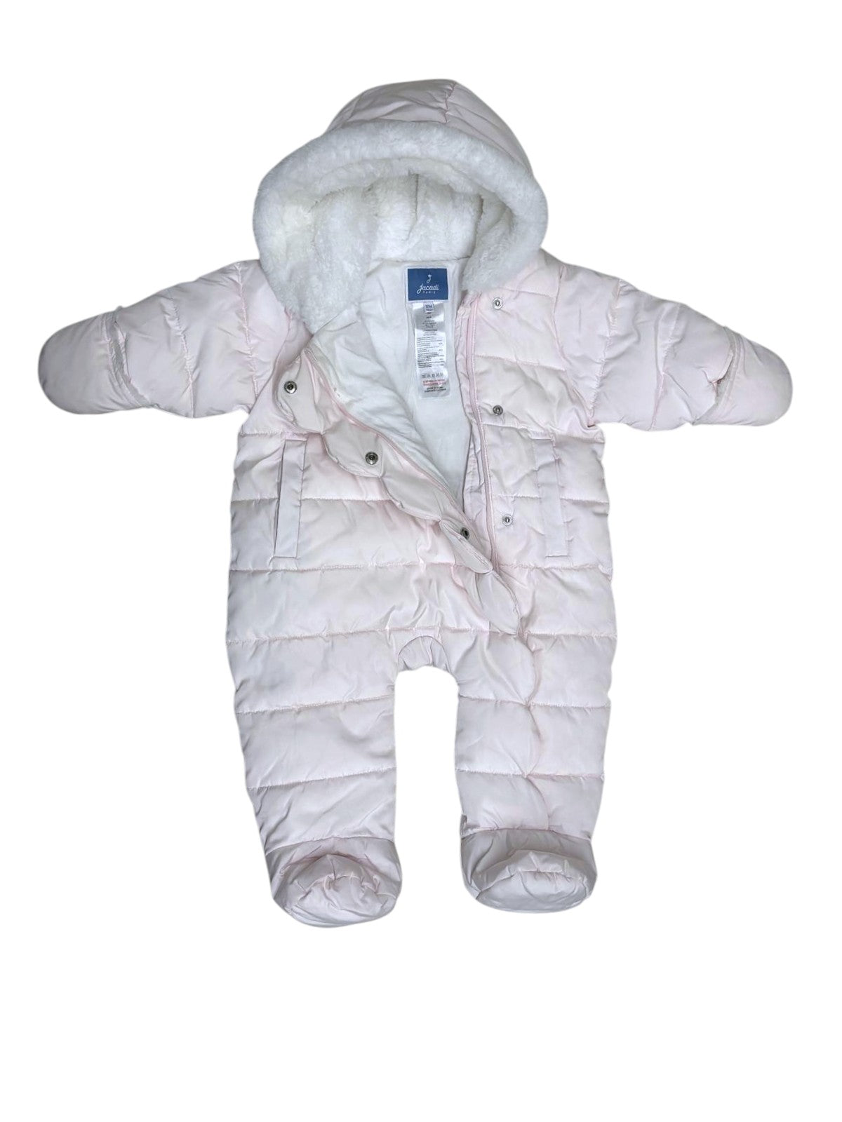 Jacadi Girls Light Pink Sherpa Hooded Snowsuit, 12M / 74 - second hand baby clothing 