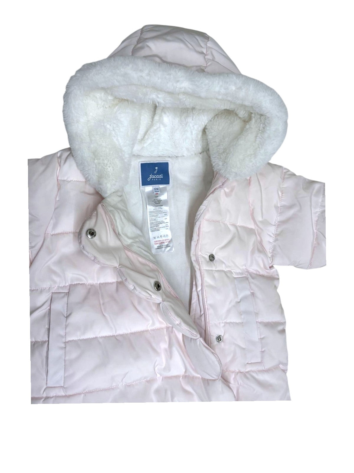 Jacadi Girls Light Pink Sherpa Hooded Snowsuit, 12M / 74 - second hand baby clothing 