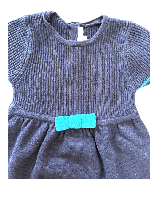 Jacadi Girl Navy Teal Bow Ribbed Knit Dress, 23M - second hand baby clothing