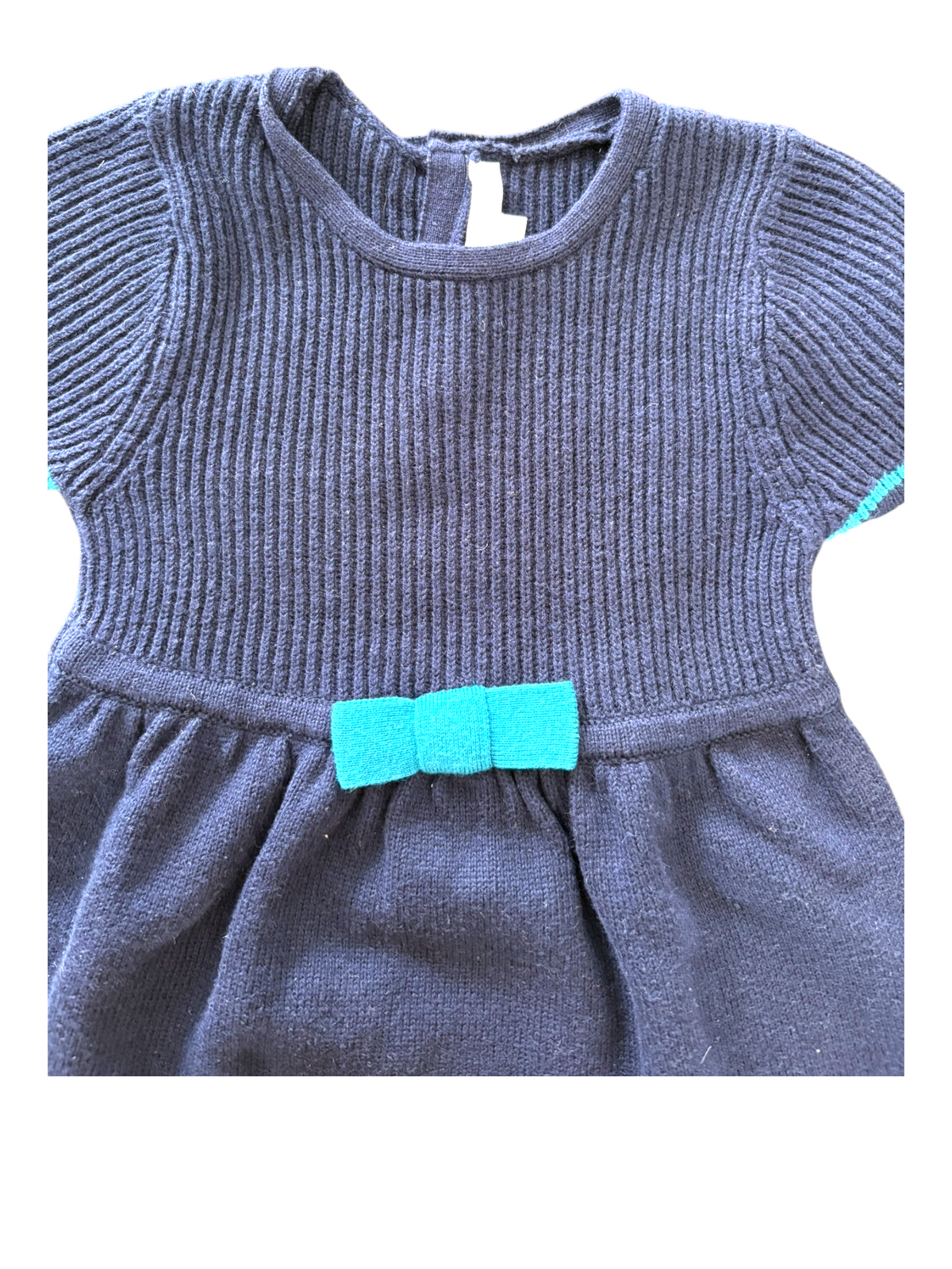 Jacadi Girl Navy Teal Bow Ribbed Knit Dress, 23M - second hand baby clothing
