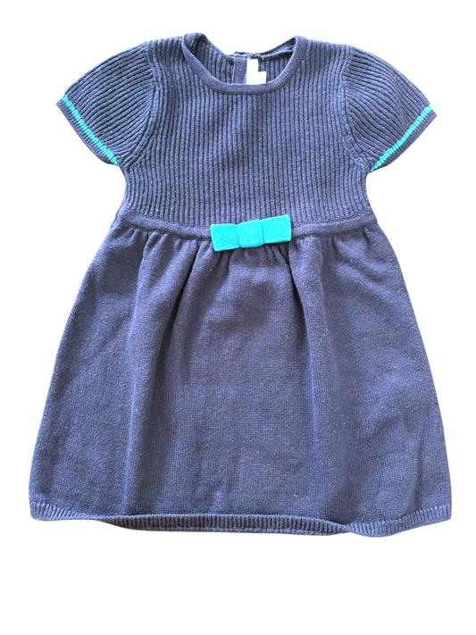 Jacadi Girl Navy Teal Bow Ribbed Knit Dress, 23M - second hand baby clothing
