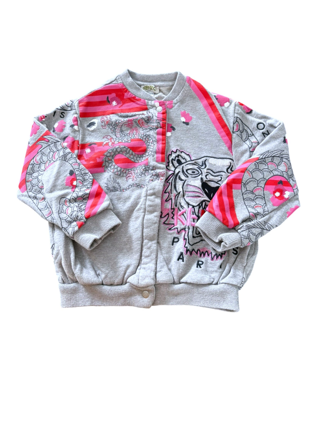 Kenzo Girls Grey Tiger & Dragon Print Cotton Snap-Front Sweatshirt, 5Y / 110 - second hand baby clothing