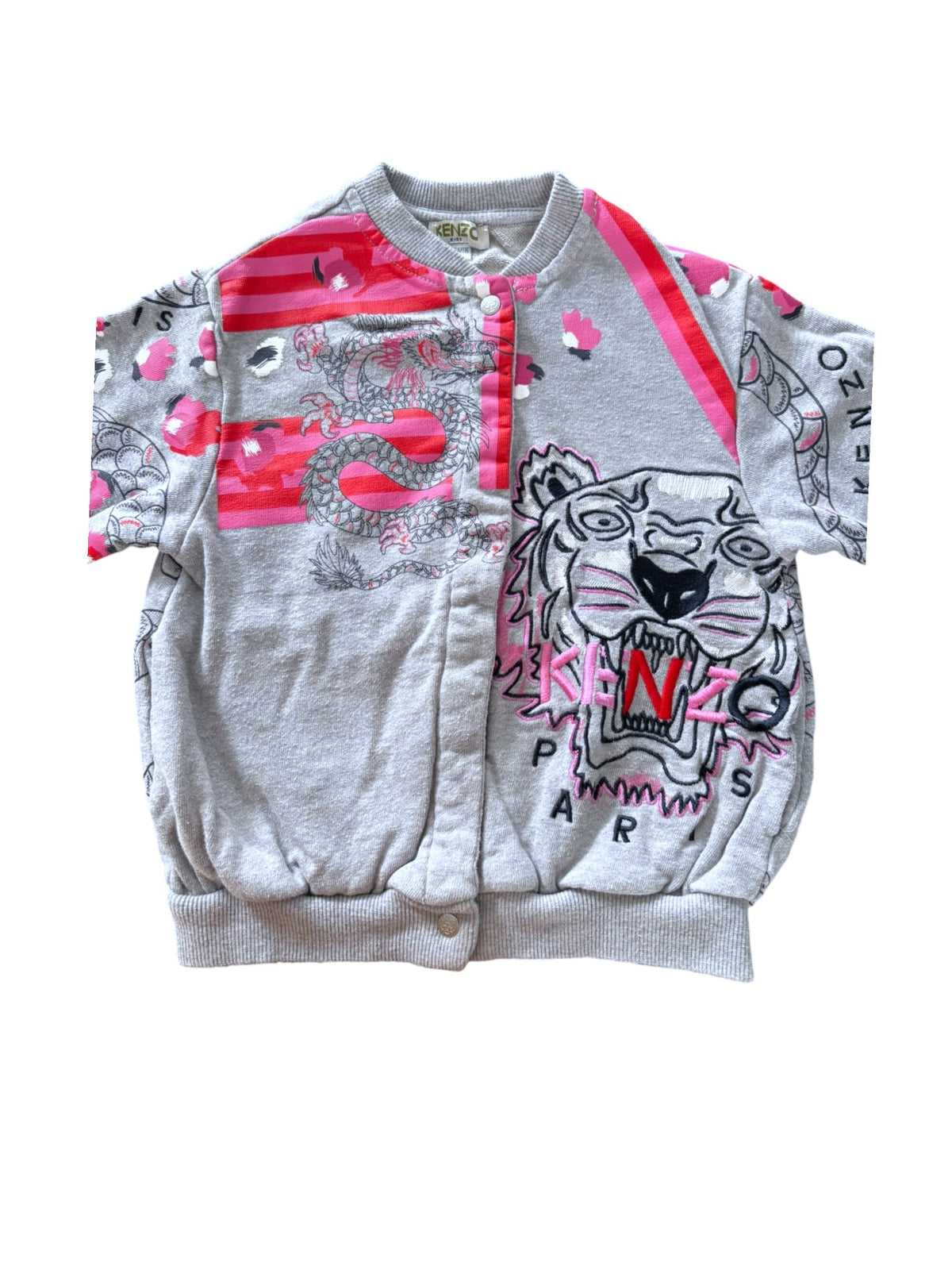Kenzo Girls Grey Tiger & Dragon Print Cotton Snap-Front Sweatshirt, 5Y / 110 - second hand baby clothing