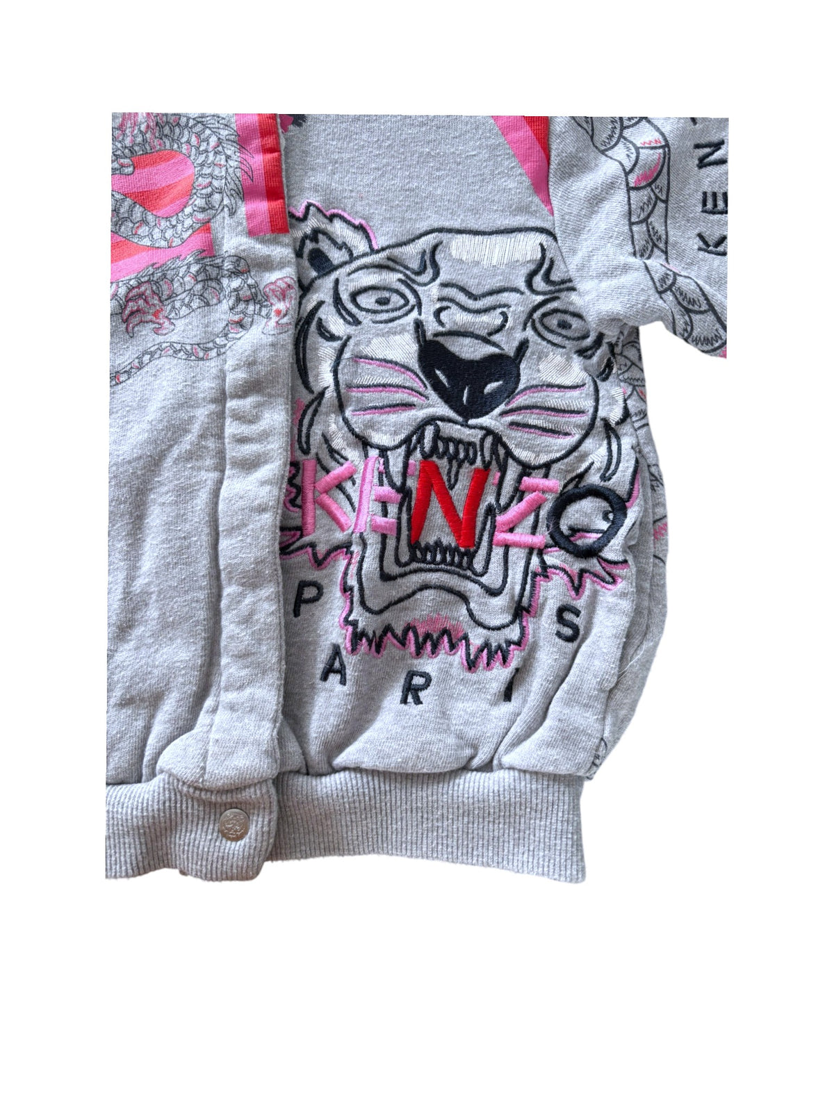 Kenzo Girls Grey Tiger & Dragon Print Cotton Snap-Front Sweatshirt, 5Y / 110 - second hand baby clothing
