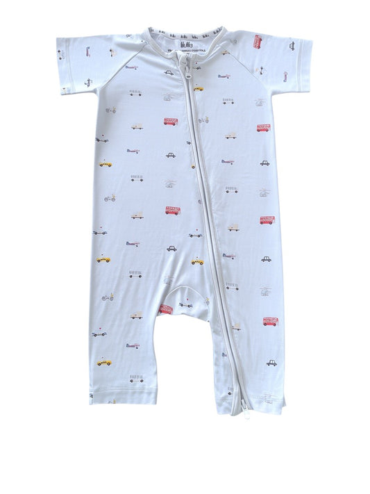 lilulila White Vehicle Print Bamboo Zip Romper size 18-24M - second hand baby clothing