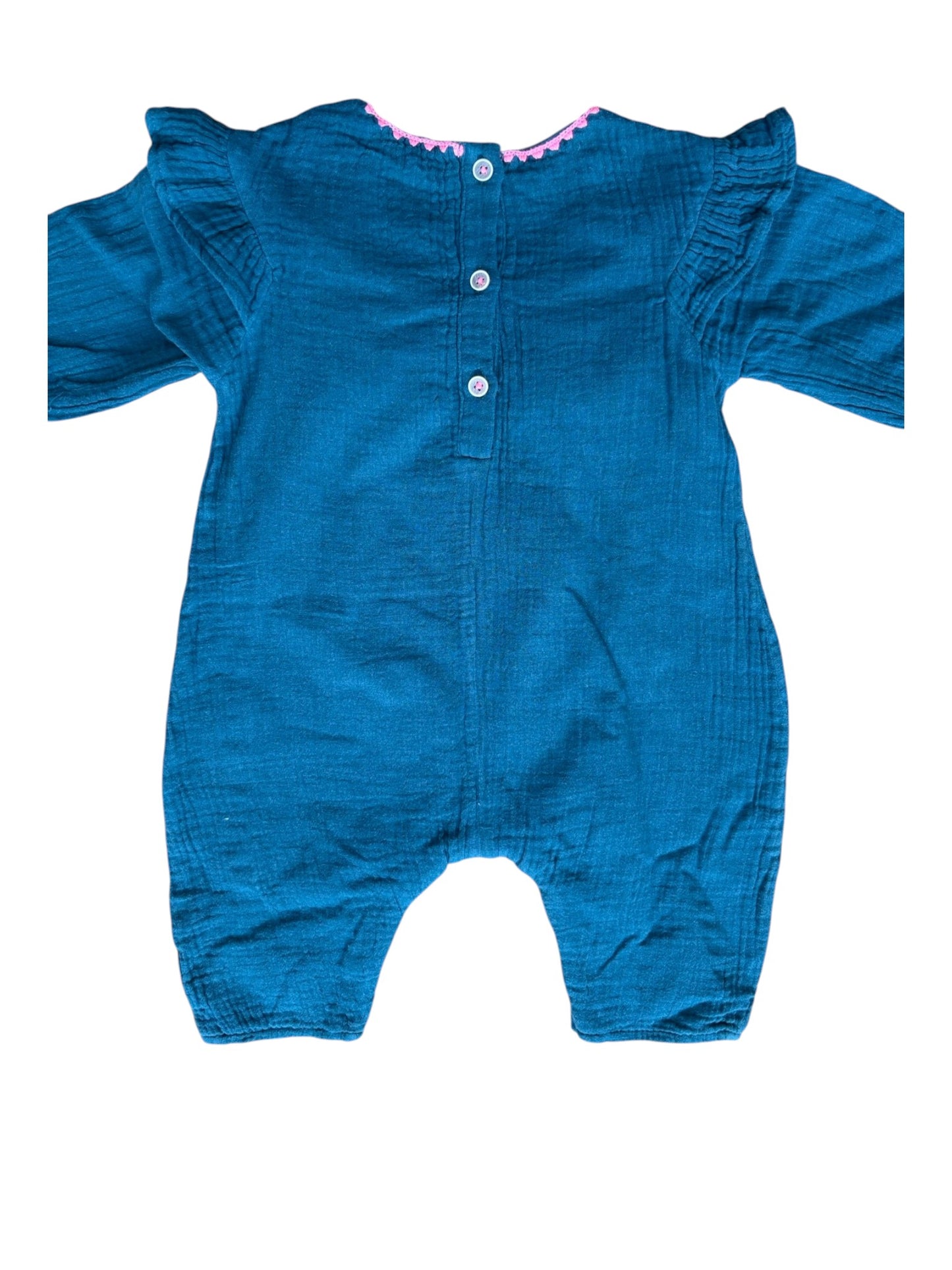 Louise Misha Teal Embroidered Ruffle Romper (12M)
