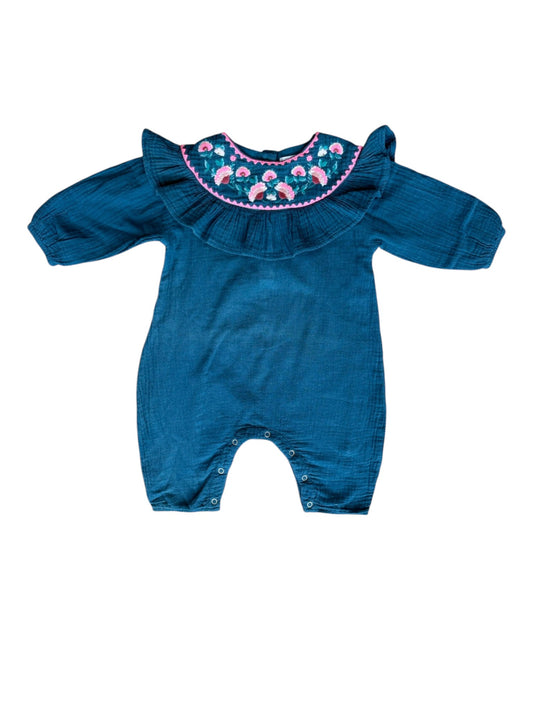 Louise Misha Teal Embroidered Ruffle Romper (12M)