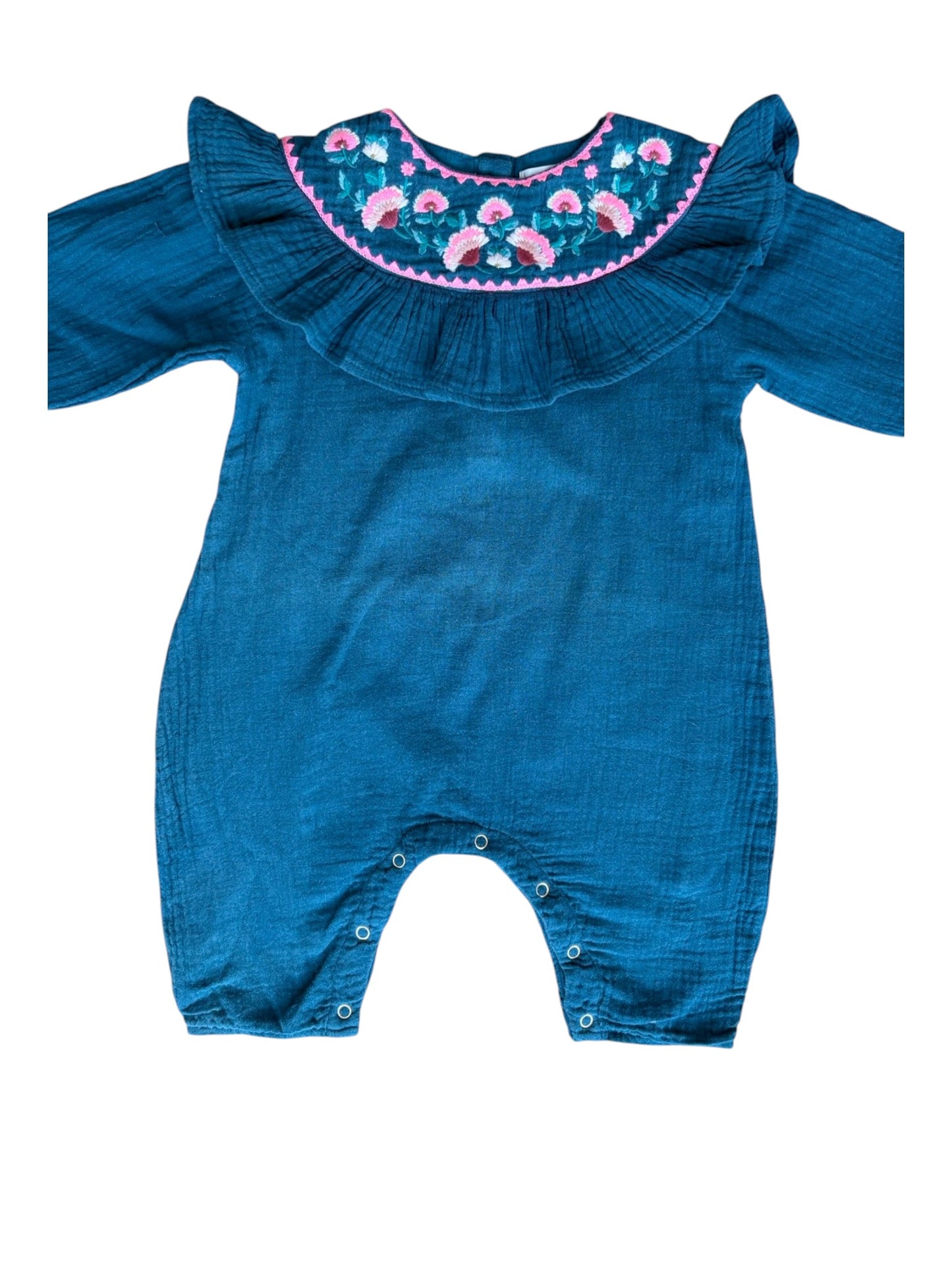 Louise Misha Teal Embroidered Ruffle Romper (12M)
