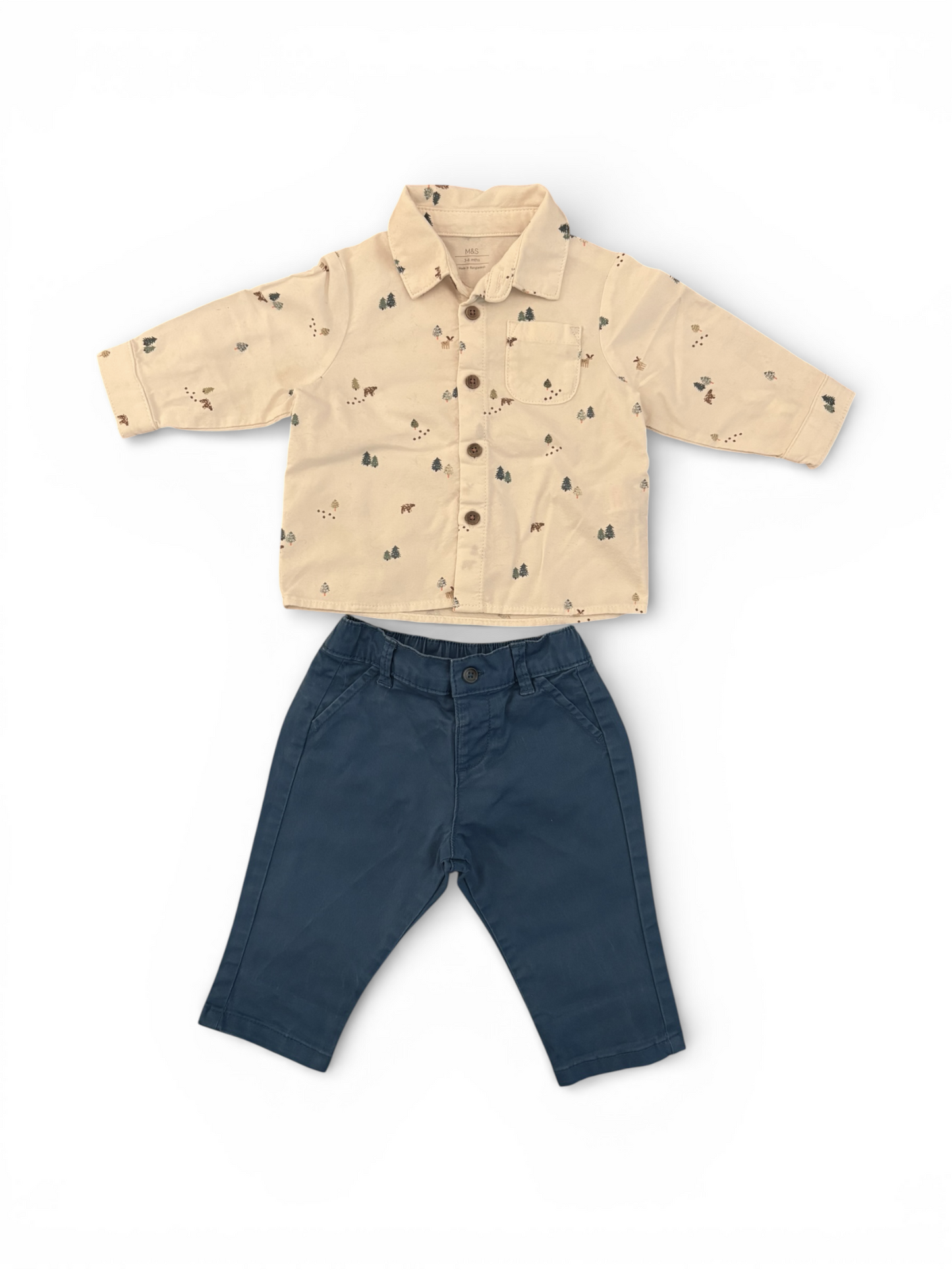 Ensemble chemise et pantalon bleu M&amp;S motif forêt (3-6 mois)