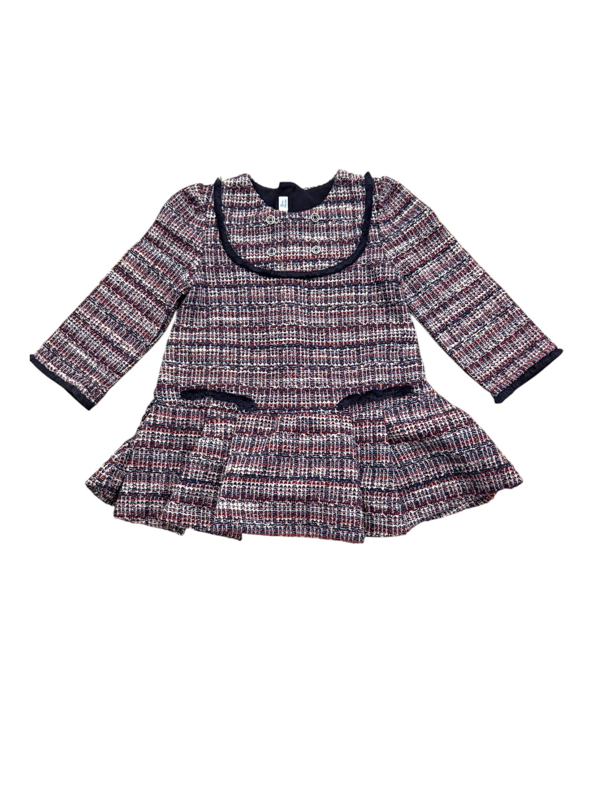 Mayoral Girl Navy Red Tweed Drop Waist Dress, 9M / 74