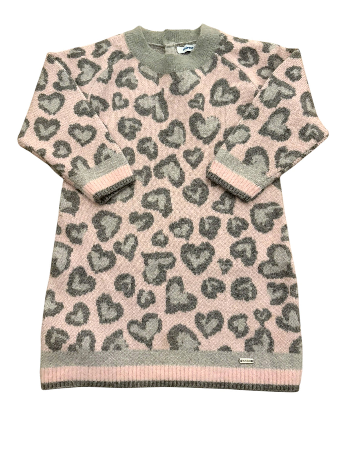 Mayoral Girl Pink Grey Heart Jacquard Knit Dress, 9M / 74 