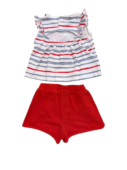 Mayoral Girl Red Blue Striped Kitten Top & Red Shorts Set, 9M / 74 - second hand baby clothing