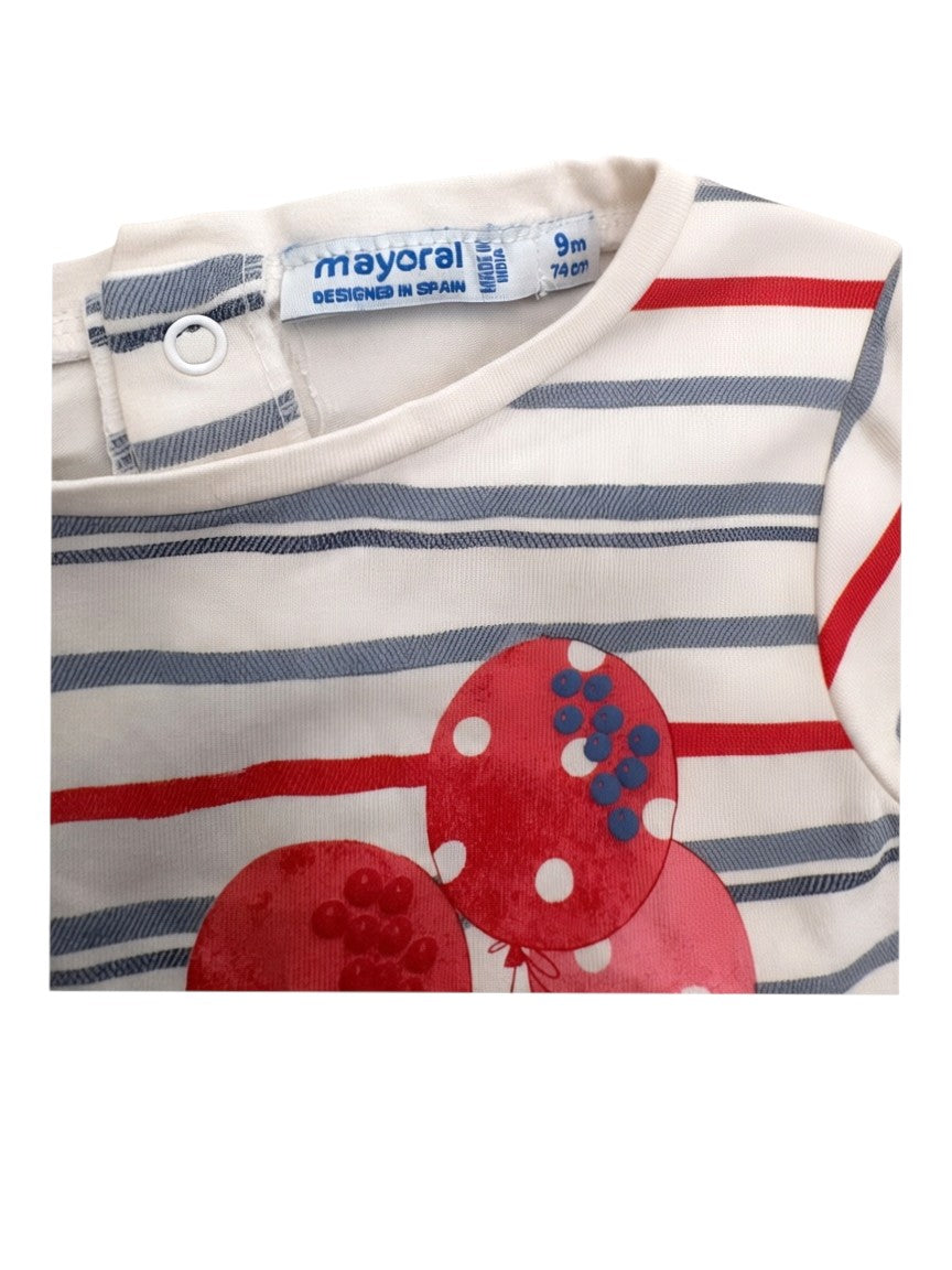 Mayoral Girl Red Blue Striped Kitten Top & Red Shorts Set, 9M / 74 - second hand baby clothing