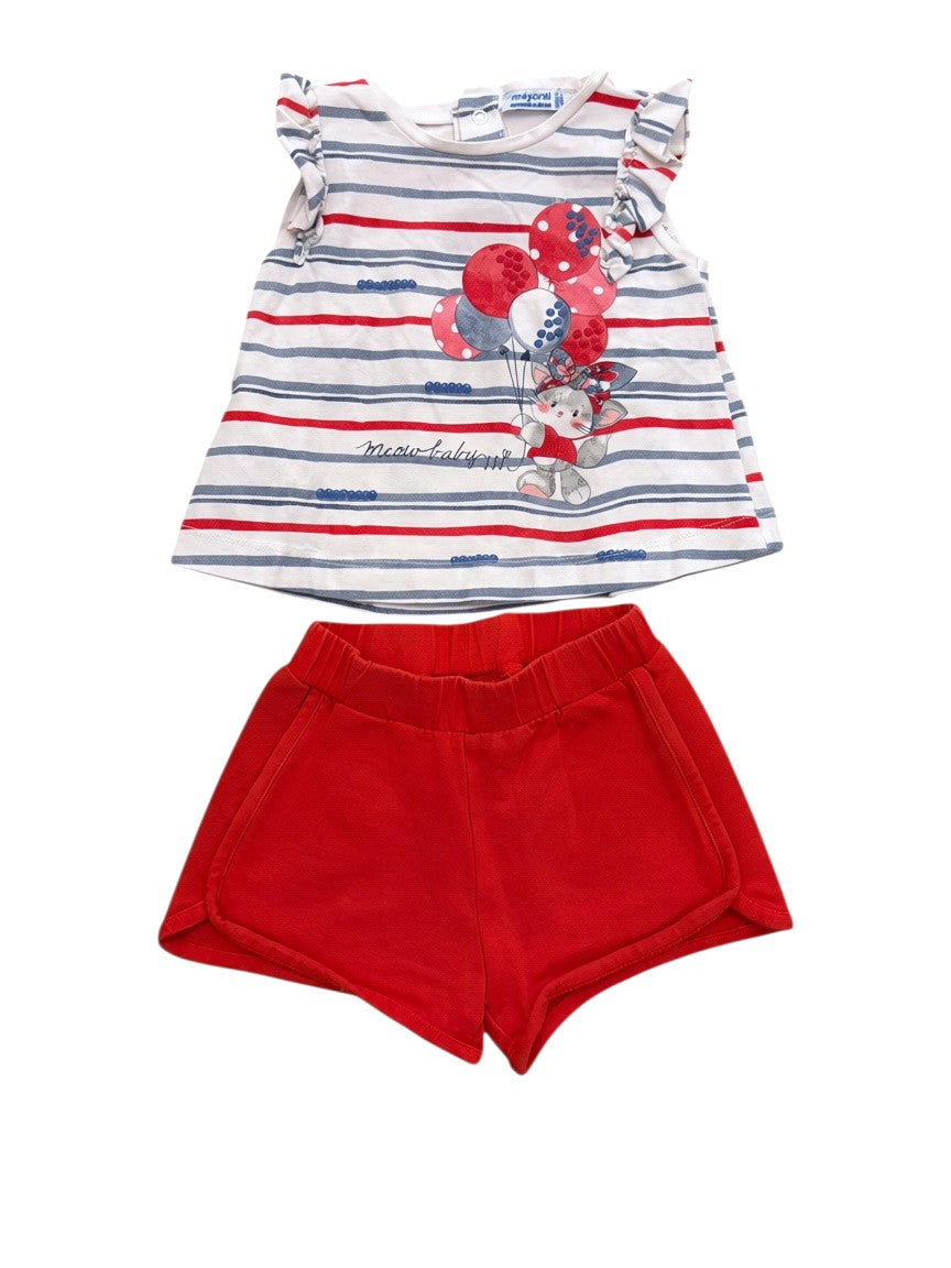 Mayoral Girl Red Blue Striped Kitten Top & Red Shorts Set, 9M / 74 - second hand baby clothing