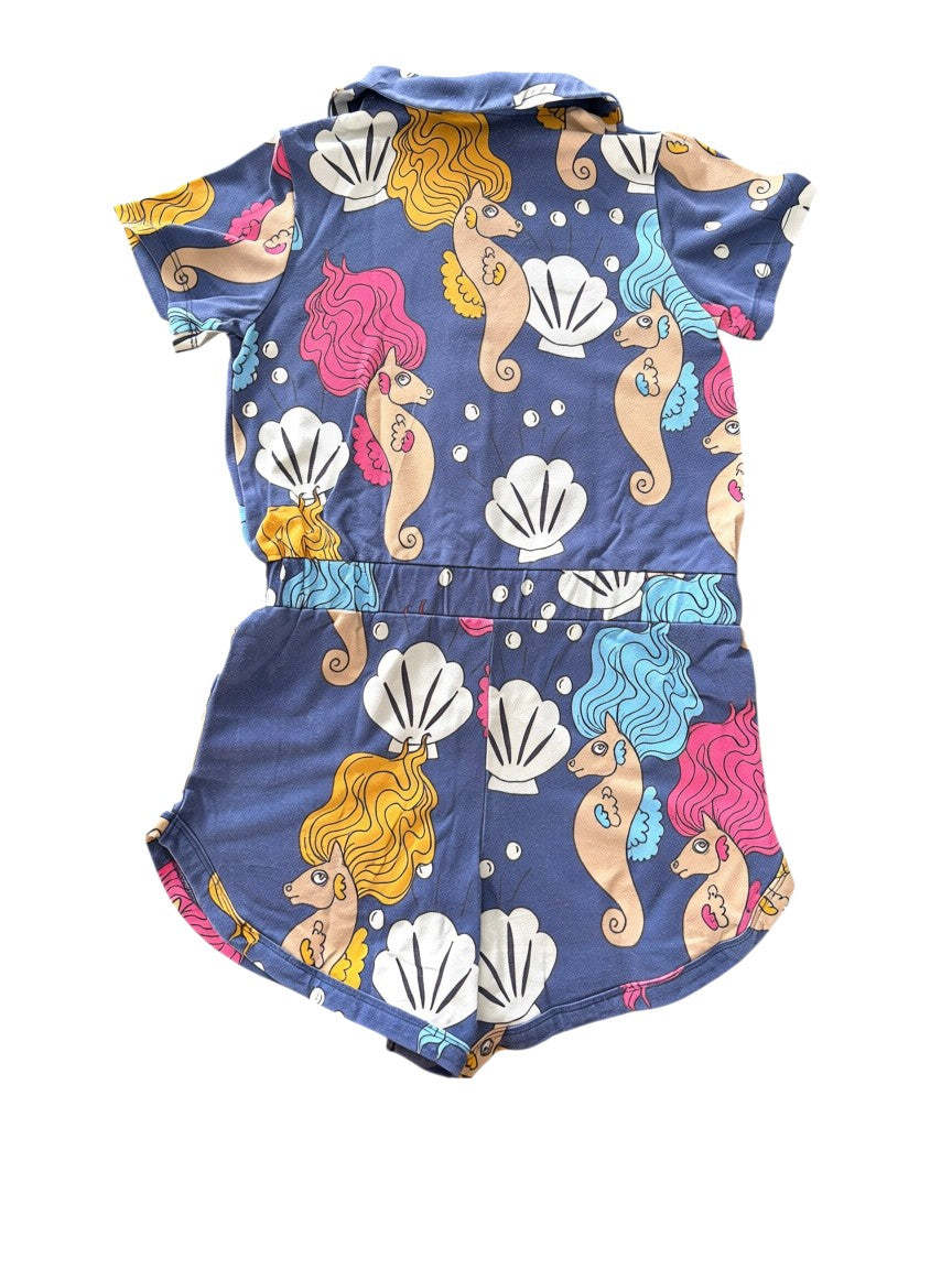 Mini Rodini Girls Navy Seahorse Print Jersey Collared Playsuit, 4-5Y / 104-110 - second hand baby clothing