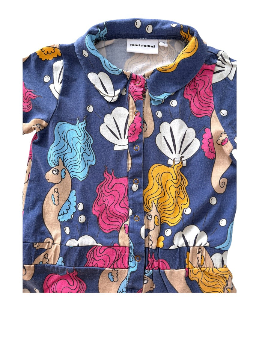 Mini Rodini Girls Navy Seahorse Print Jersey Collared Playsuit, 4-5Y / 104-110 - second hand baby clothing